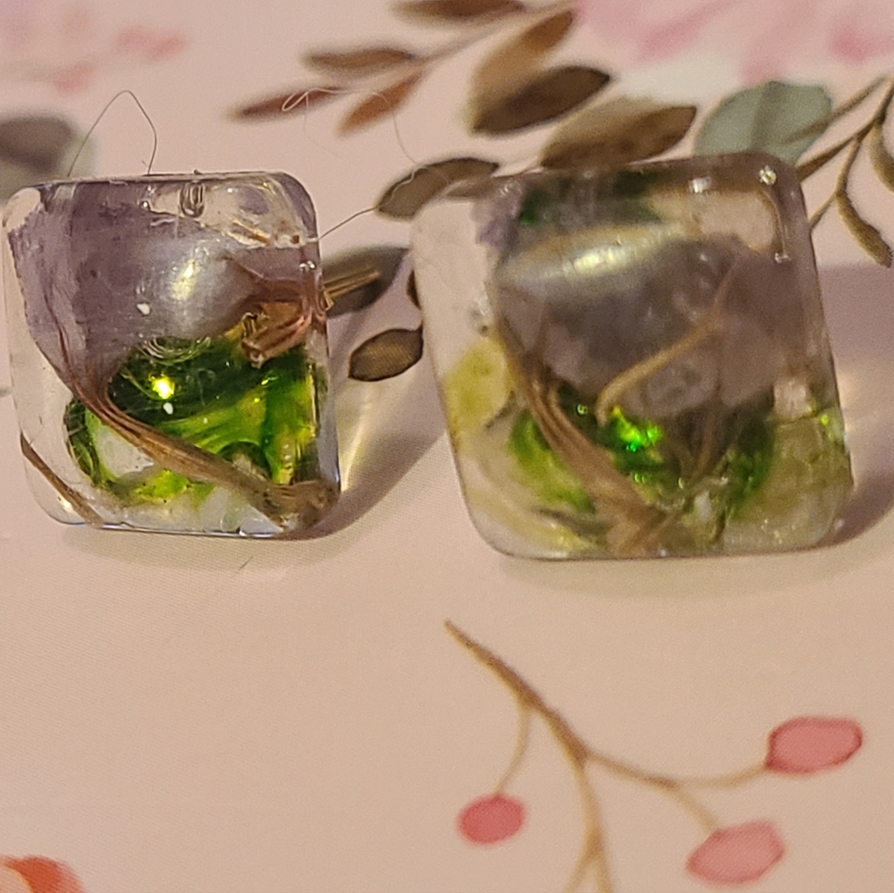 Elegant Green and Purple Resin Earrings